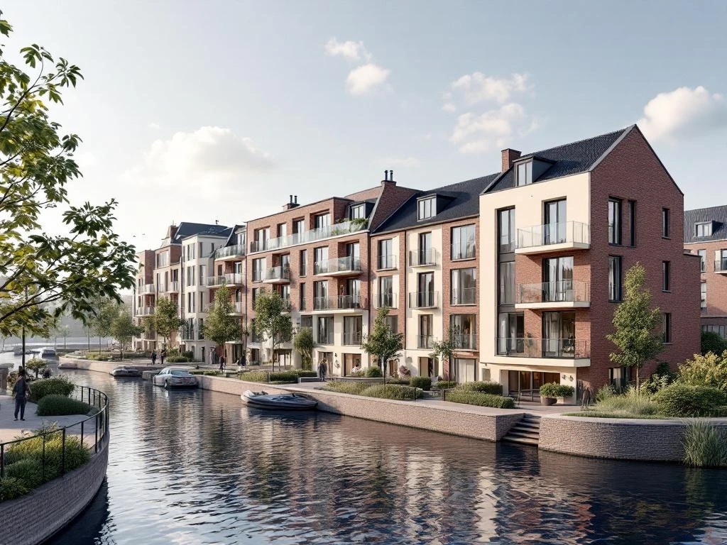 Grachtenhuizen en moderne appartementen langs de Amstel in Amsterdam met bakstenen gevels en wandelende mensen