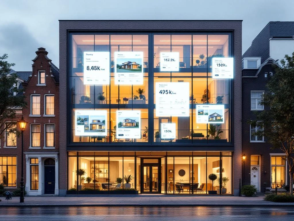 Modern Amsterdam appartementengebouw met verlichte Funda vastgoedadvertenties in grote ramen en holografische displays