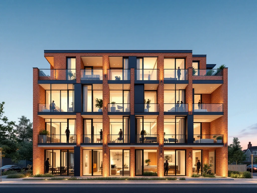 Moderne Amsterdam appartementsgebouw doorsnede met huurunits, ventilatie, verlichting en veiligheidsvoorzieningen zichtbaar