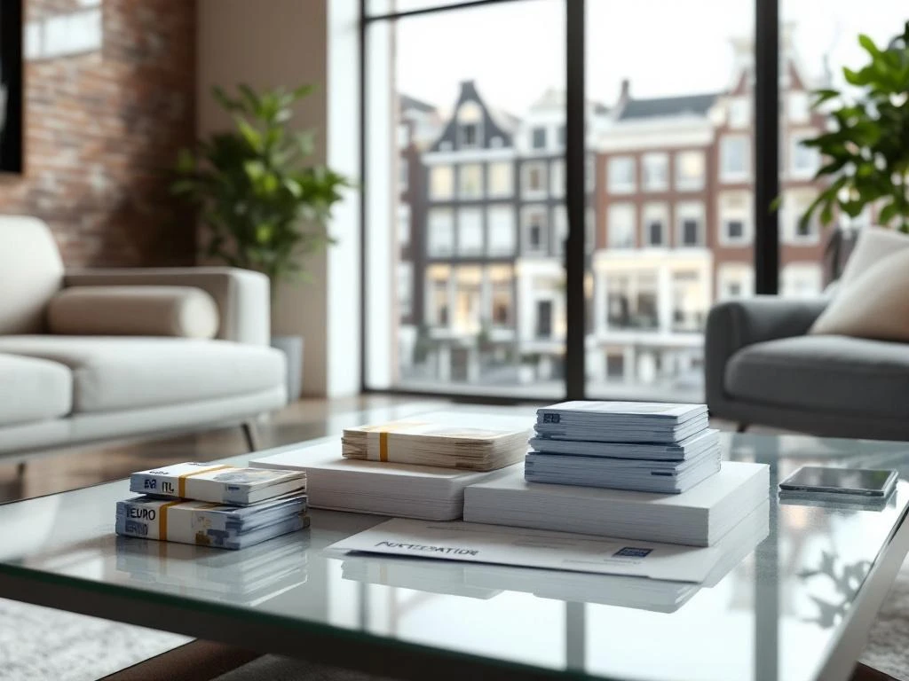 Modern Amsterdam appartement interieur met eurobiljetten en huurcontracten op glazen tafel, grachtenpanden zichtbaar door raam