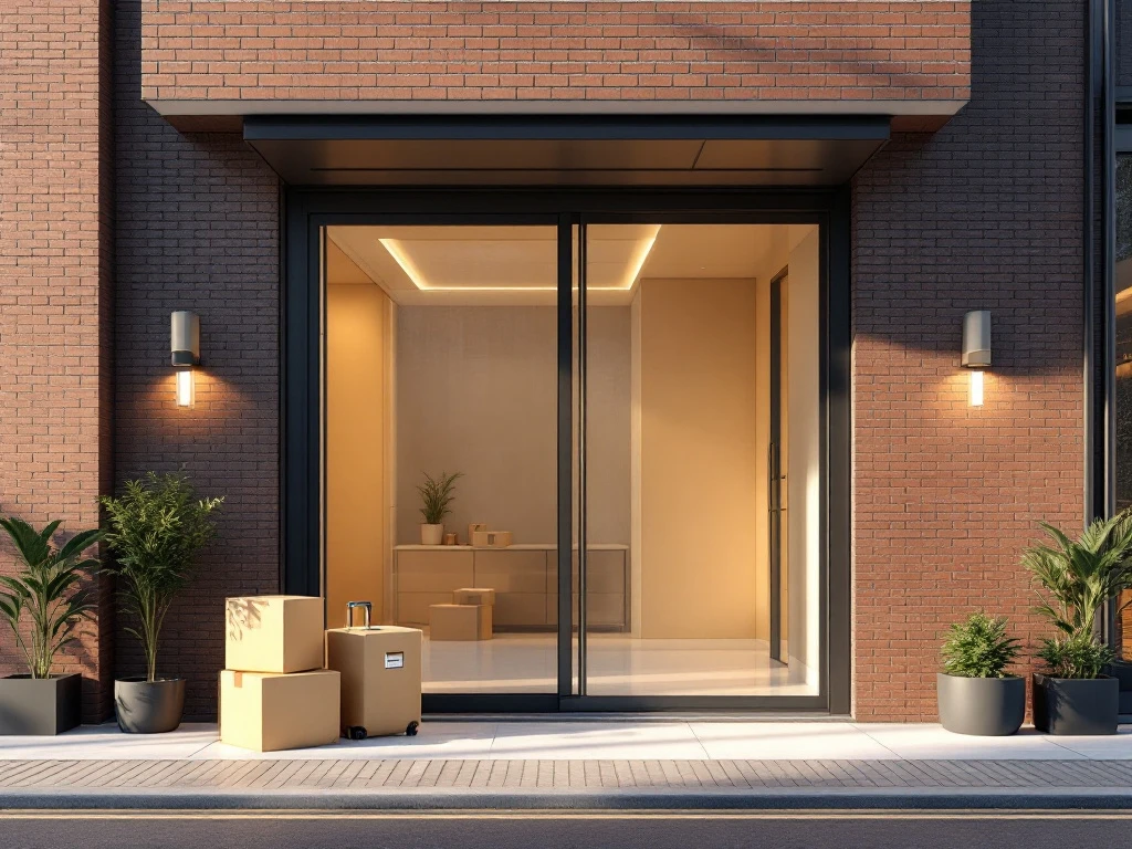 Moderne Amsterdam appartementencomplex entree met glazen deuren, bakstenen gevel en verhuisdozen bij ingang