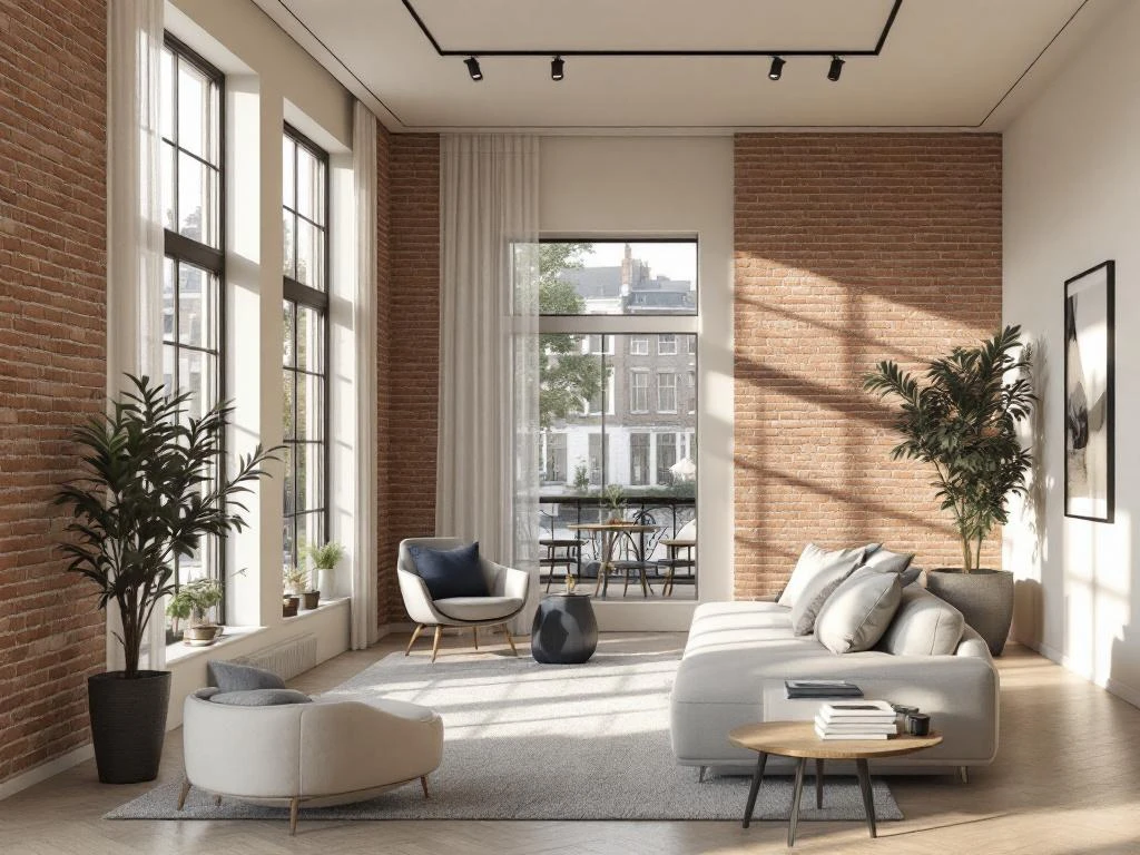 Modern Amsterdam appartement interieur met bakstenen muur, grote ramen met grachtzicht en minimalistische inrichting