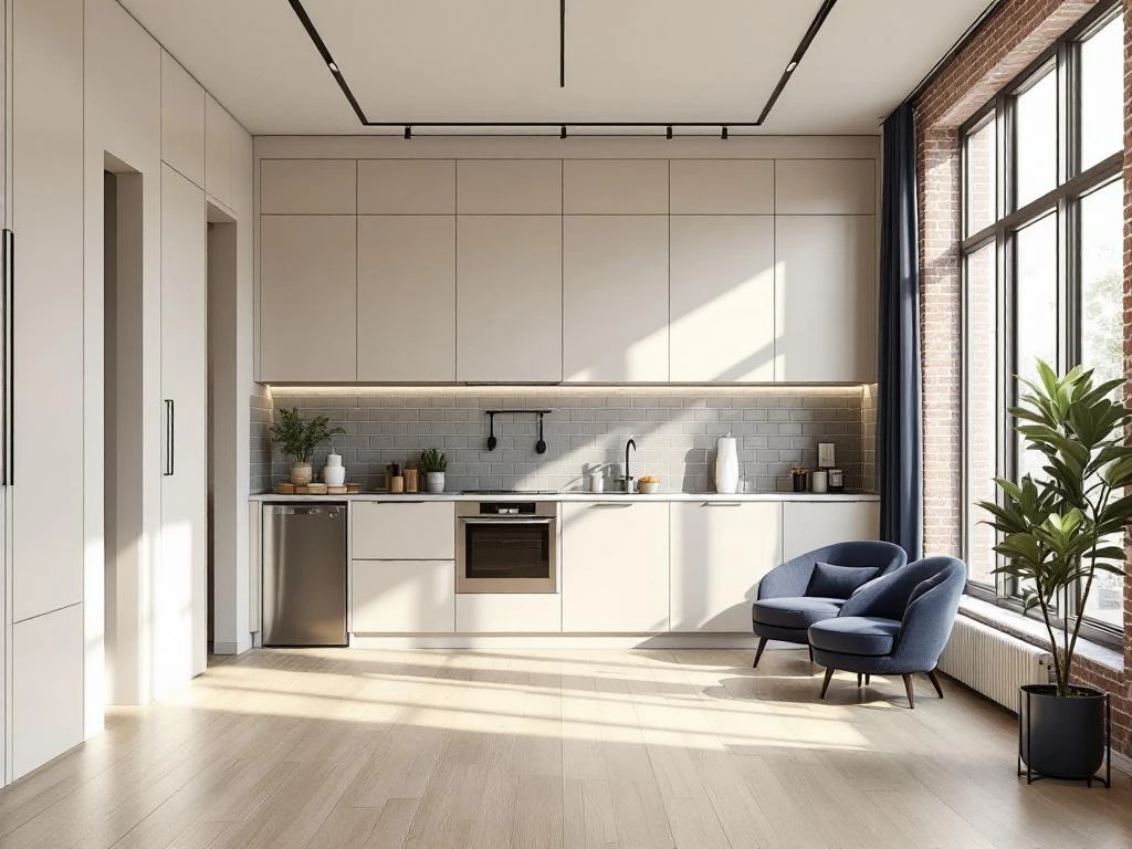 Moderne Amsterdam appartement interieur met ingebouwde kasten, houten vloeren en natuurlijk licht door grote ramen.