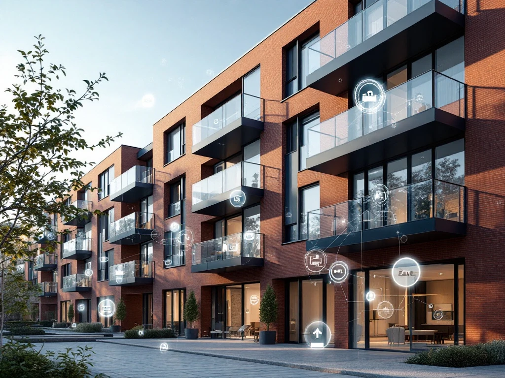 Modern Amsterdam appartementengebouw met bakstenen gevel en glazen balkons, geïntegreerd met digitale zoekelementen