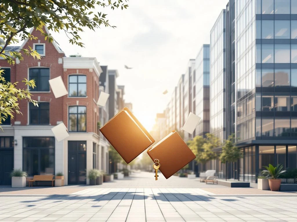 Professionele architecturale weergave van Amsterdam makelaardij biedproces met klassieke grachtenpanden en moderne kantoren