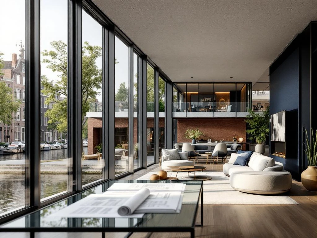 Moderne Amsterdam grachtenpand met bakstenen gevel en investeerder die bouwplannen bestudeert aan glazen tafel