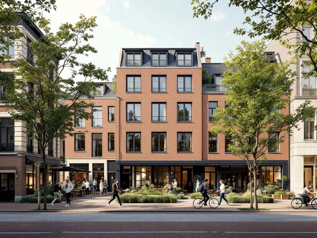 Architecturale weergave van De Baarsjes Amsterdam met moderne appartementen, historische grachtenpanden en jongeren op straat