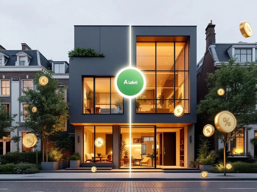 Moderne Amsterdamse grachtenpand met groene A-label energiecertificaat en besparingssymbolen in 3D-rendering