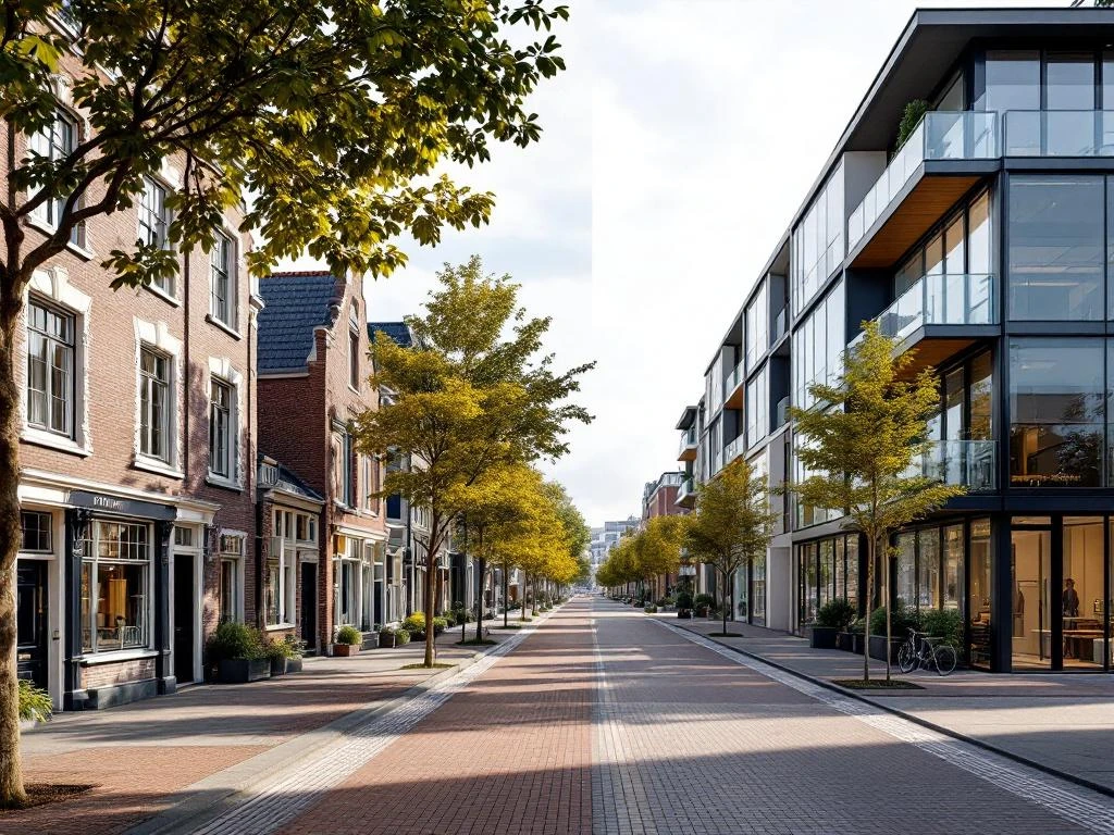 Amsterdamse grachtenpanden en moderne gebouwen gesplitst diagonaal, erfpacht versus eigen grond eigendomscontrast