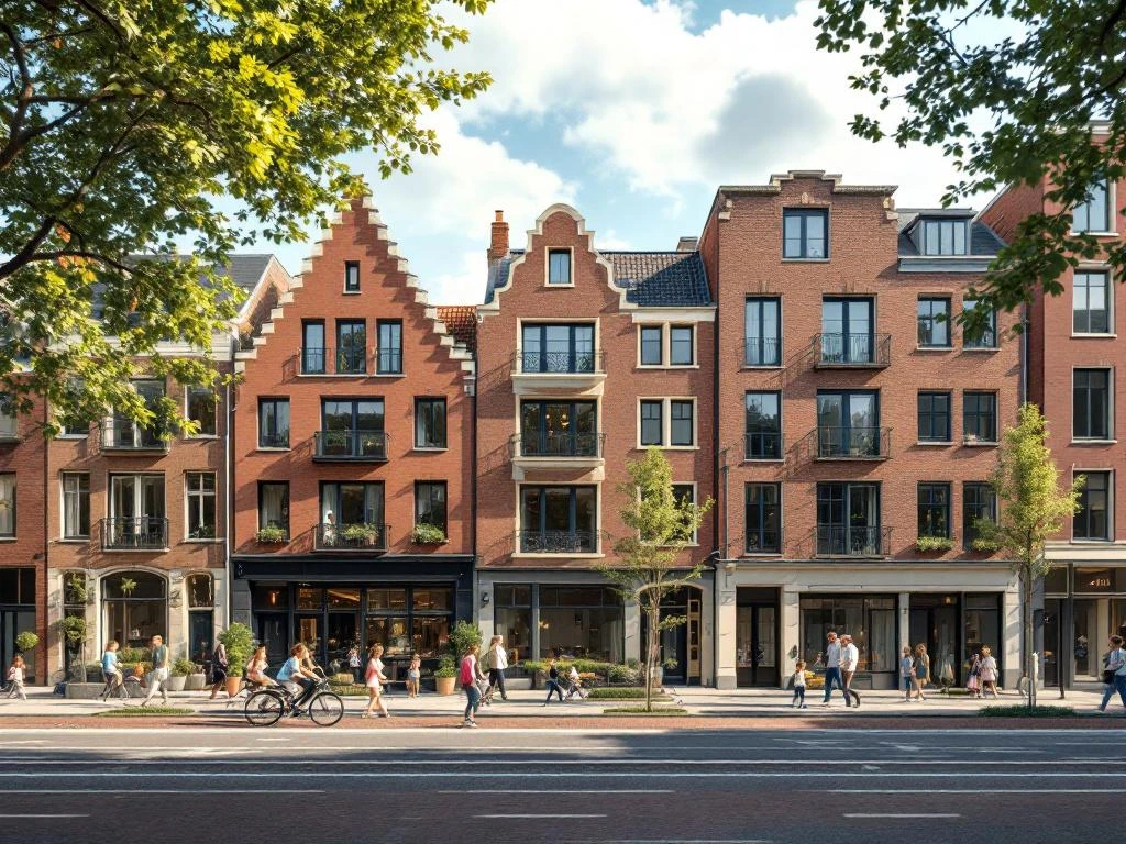 Professionele architectuurrendering van Amsterdam's gezinsvriendelijke buurten met moderne grachtenpanden en families op straat