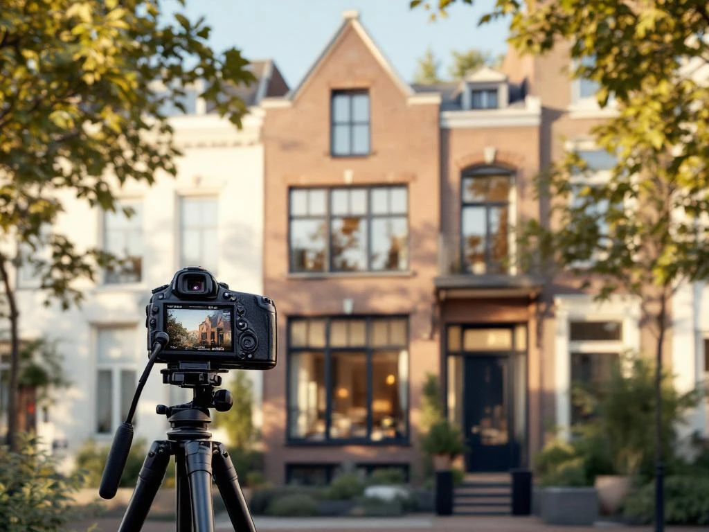 Professionele camera op statief fotografeert moderne Amsterdam grachtenpand met bakstenen gevel en grote ramen