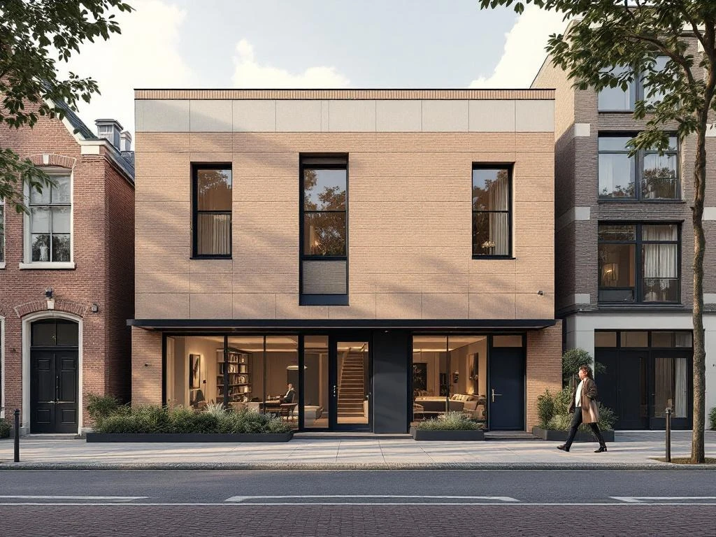 Moderne Amsterdam grachtenpand met warme bakstenen, grote ramen en minimalistische architectuur in stedelijke omgeving