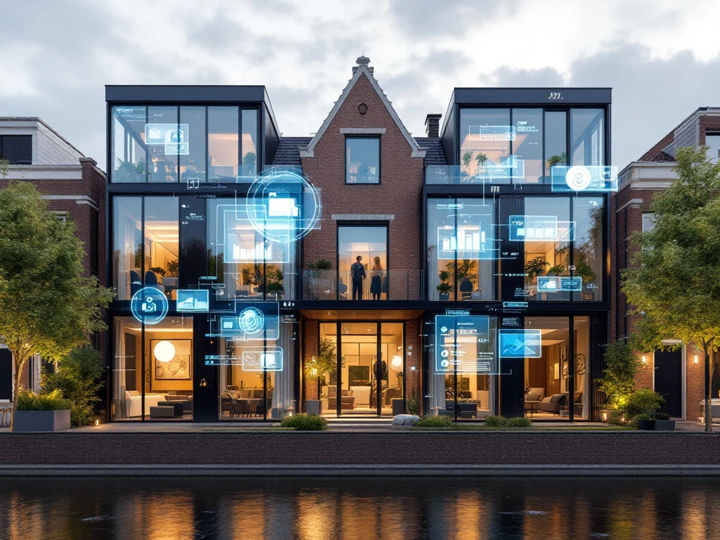 Modern Amsterdam grachtenpand met glazen gevels en holografische digitale interfaces voor vastgoedtechnologie