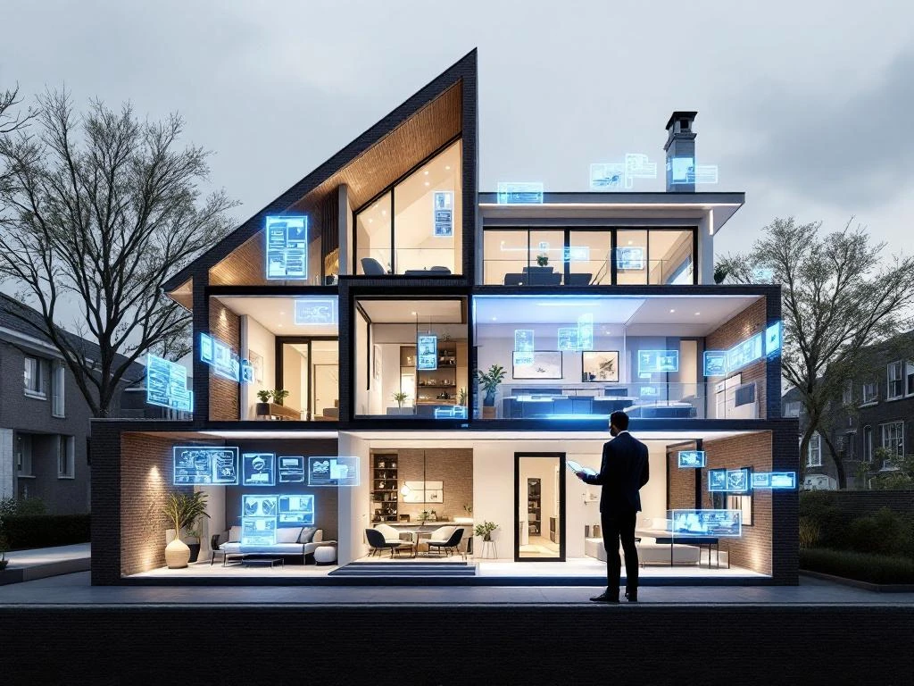 Moderne Amsterdam grachtenpand doorsnede met digitale bouwplannen en vastgoedprofessional die holografische rapporten bekijkt