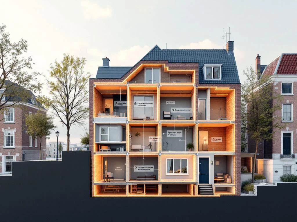 Dwarsdoorsnede van Amsterdams grachtenpand toont structurele problemen: funderingsschade, elektrische storingen en daklekkage.