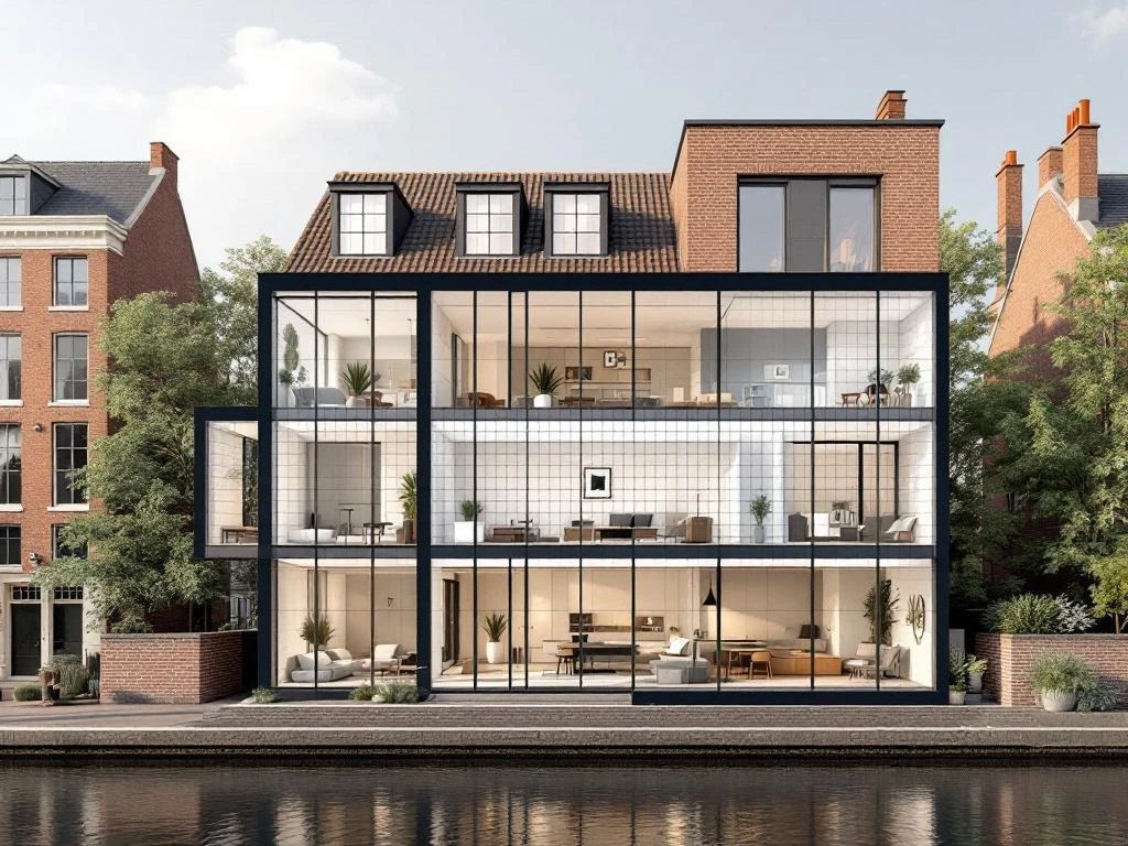 Dwarsdoorsnede moderne Amsterdamse grachtenpand toont interieur met minimalistische inrichting en taxatie-rasterlijnen