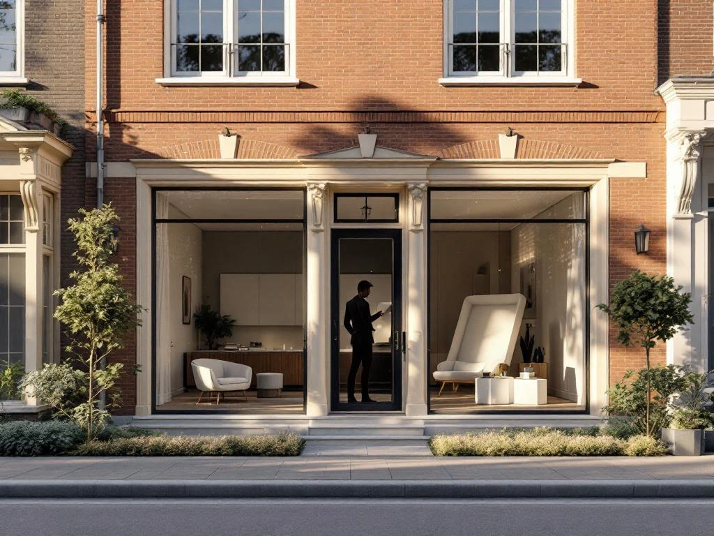 Amsterdam grachtenpand met warme bakstenen gevel en crème raamkozijnen, makelaar arrangeert interieur voor verkoop