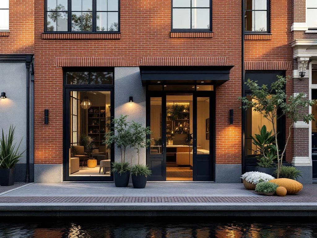Moderne Amsterdam grachtenpand met warme bakstenen gevel, grote ramen en open voordeur bij daglicht