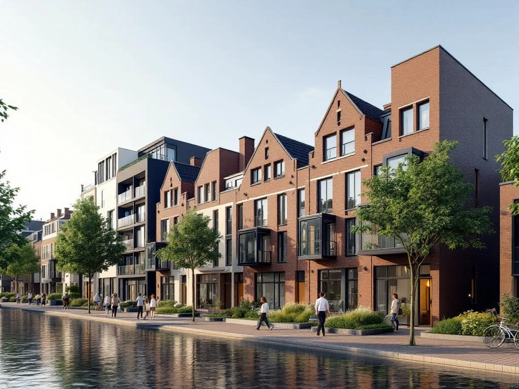 3D architectuurvisualisatie van Amsterdam grachtenpanden en moderne woningen met bakstenen gevels en wandelaars