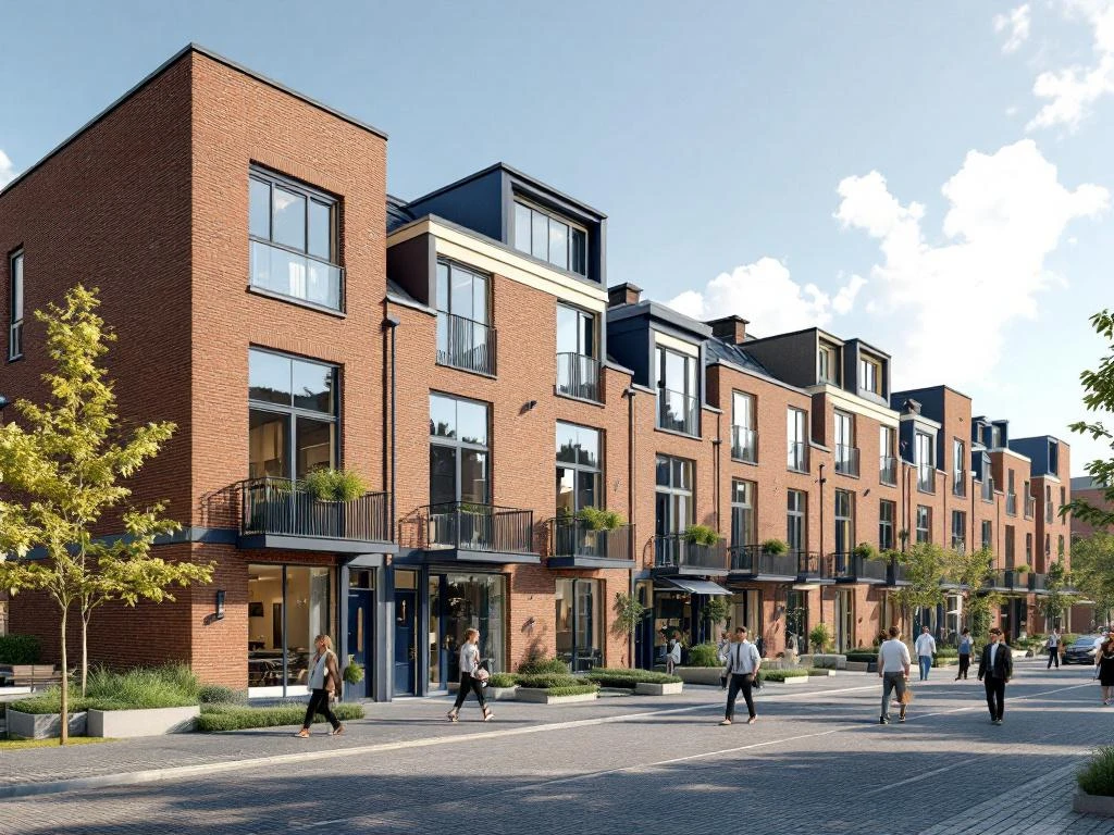 Moderne grachtenhuizen in Amsterdam met bakstenen gevels, balkons en tuinen, professionele architectuurvisualisatie