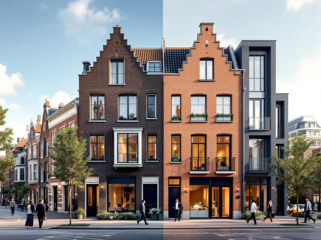 Amsterdamse grachtenpanden en moderne woningen in split-screen weergave van erfpacht versus eigendom concepten