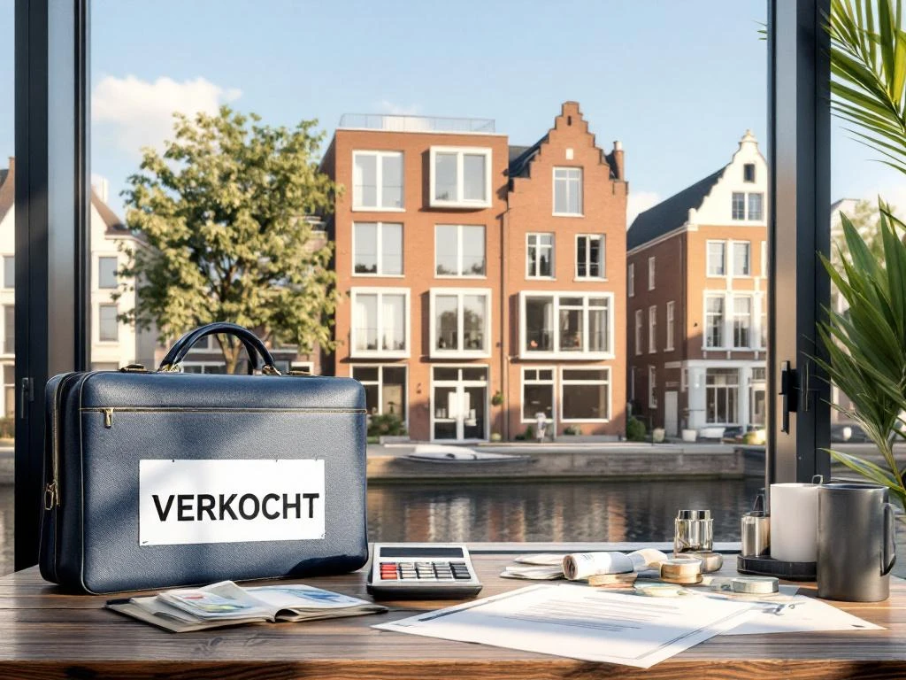 Verkocht Amsterdam grachtenpand met makelaar spullen op tafel, euro biljetten en documenten zichtbaar