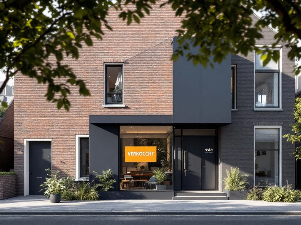 Amsterdam grachtenpand met VERKOCHT-bord in tijdlijn visualisatie van vastgoed verkoopproces