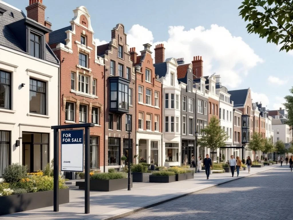 Te koop bord voor moderne Amsterdam grachtenpanden met hedendaagse architectuur en wandelende mensen