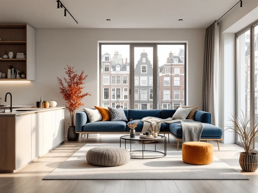 Moderne Amsterdam huurwoning interieur met achtergelaten meubels vorige huurder, minimalistisch design, grachtenpanden zichtbaar