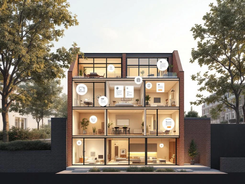 Moderne Amsterdam grachtenpand doorsnede met zwevende iconen voor huurkosten: energie, verwarming, verzekering en belasting