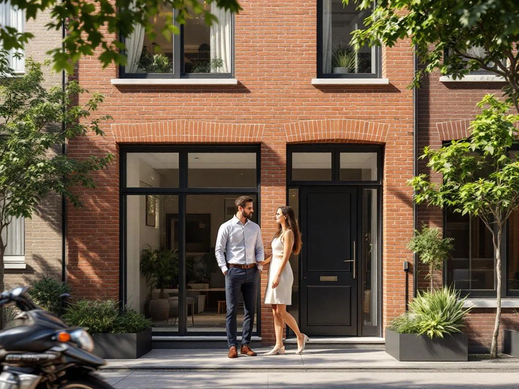 Makelaar begeleidt jong stel bij moderne Amsterdamse grachtenpand met warme bakstenen gevel en grote ramen
