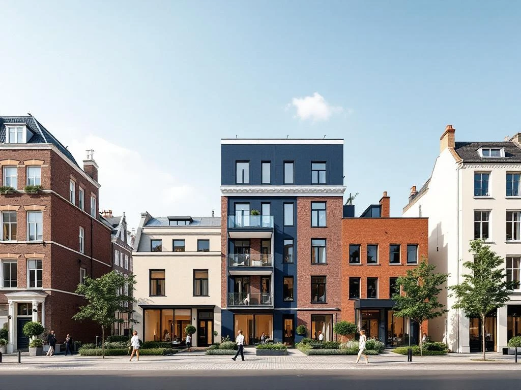 Amsterdam huurwoningen: moderne appartementen en traditionele grachtenpanden met bakstenen gevels en blauwe lucht