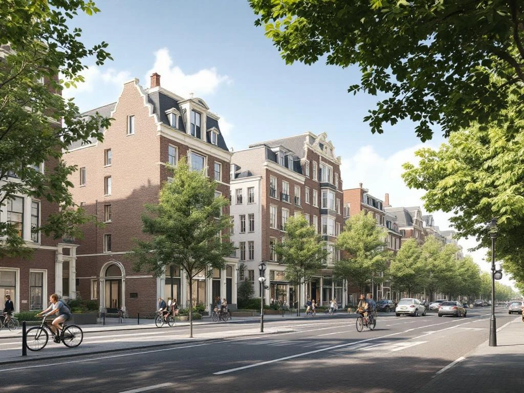 Architecturale 3D-visualisatie van Amsterdam's Indische Buurt met bakstenen appartementen en erkers langs groene straat.