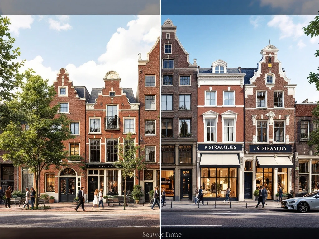 Architecturale vergelijking van Amsterdam Jordaan en 9 Straatjes wijken met traditionele grachtenpanden en luxe winkels