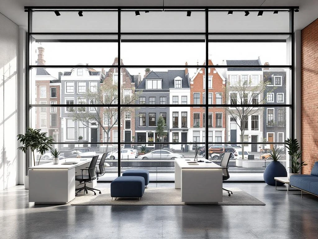 Modern Amsterdam makelaarskantoor interieur met minimalistische inrichting, grote ramen met zicht op grachten en witte bureaus