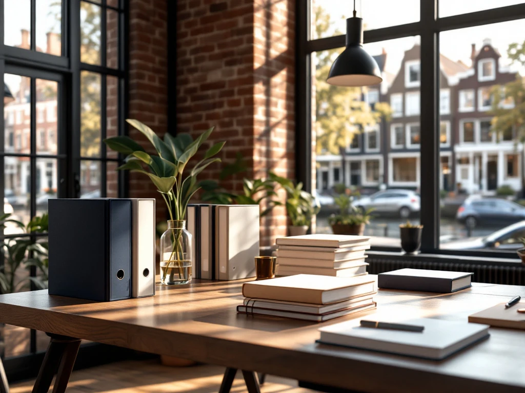 Modern Amsterdam kantoorinterieur met georganiseerde documenten op houten bureau, kanalenhuizen zichtbaar door ramen