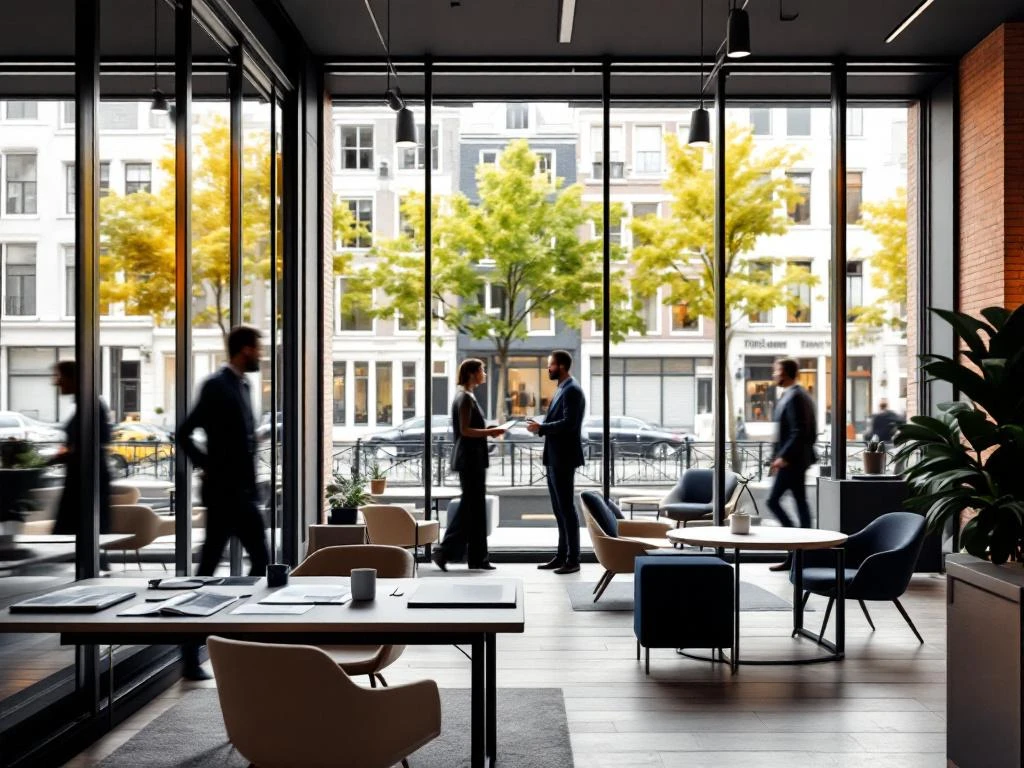 Modern Amsterdam makelaarskantoor interieur met glazen gevels, grachtenhuizen uitzicht en minimalistische inrichting
