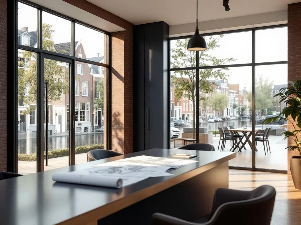 Moderne Amsterdam makelaarskantoor met minimalistisch interieur, grote ramen met uitzicht op grachtenhuizen en consultatiebureau