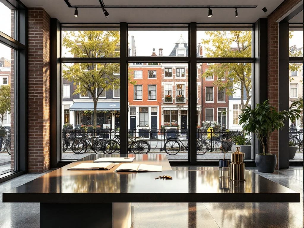 Moderne Amsterdam makelaarskantoor met grote ramen, uitzicht op grachtenhuizen, minimalistisch interieur met bureau en sleutels.