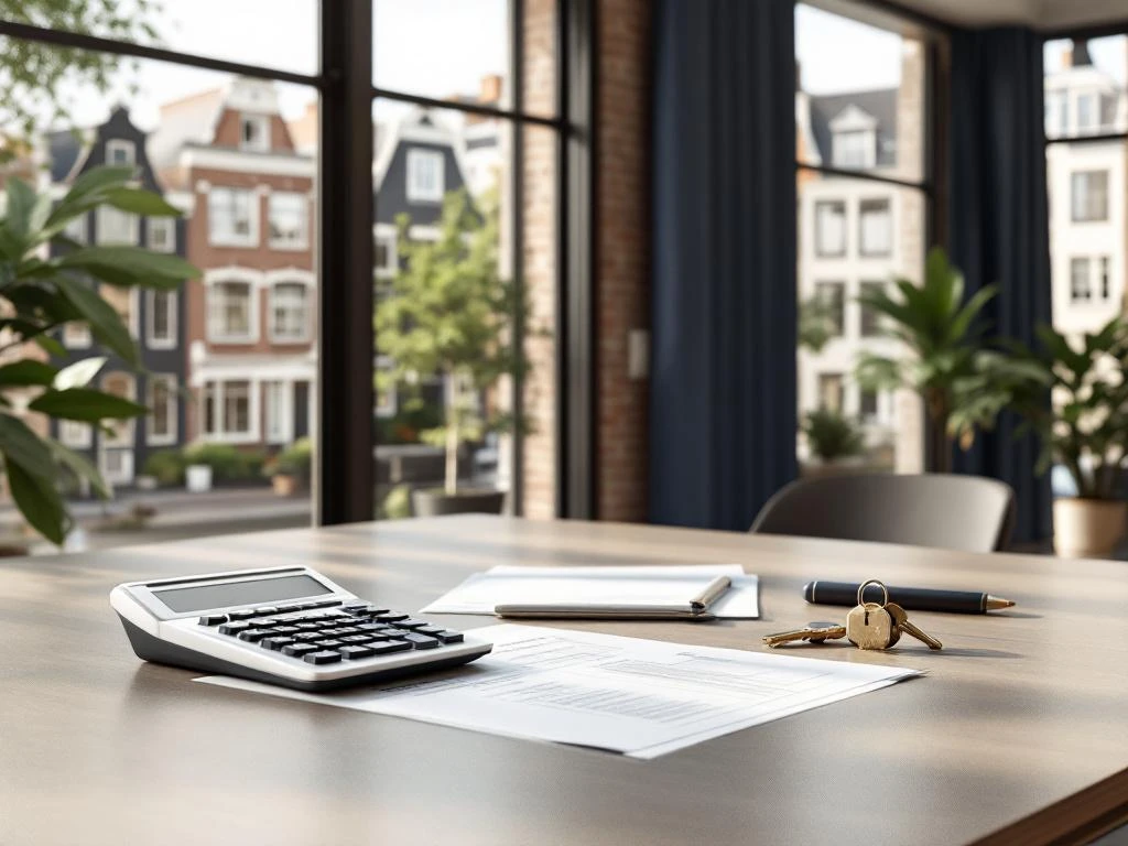 Modern Amsterdam makelaarskantoor interieur met bureau, rekenmachine, documenten en huissleutels, uitzicht op grachten