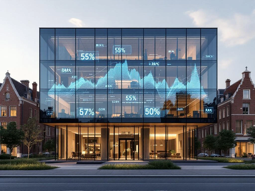 Modern Amsterdam kantoorgebouw met glazen gevels en holografische financiële grafieken, traditionele grachtenhuizen op achtergrond