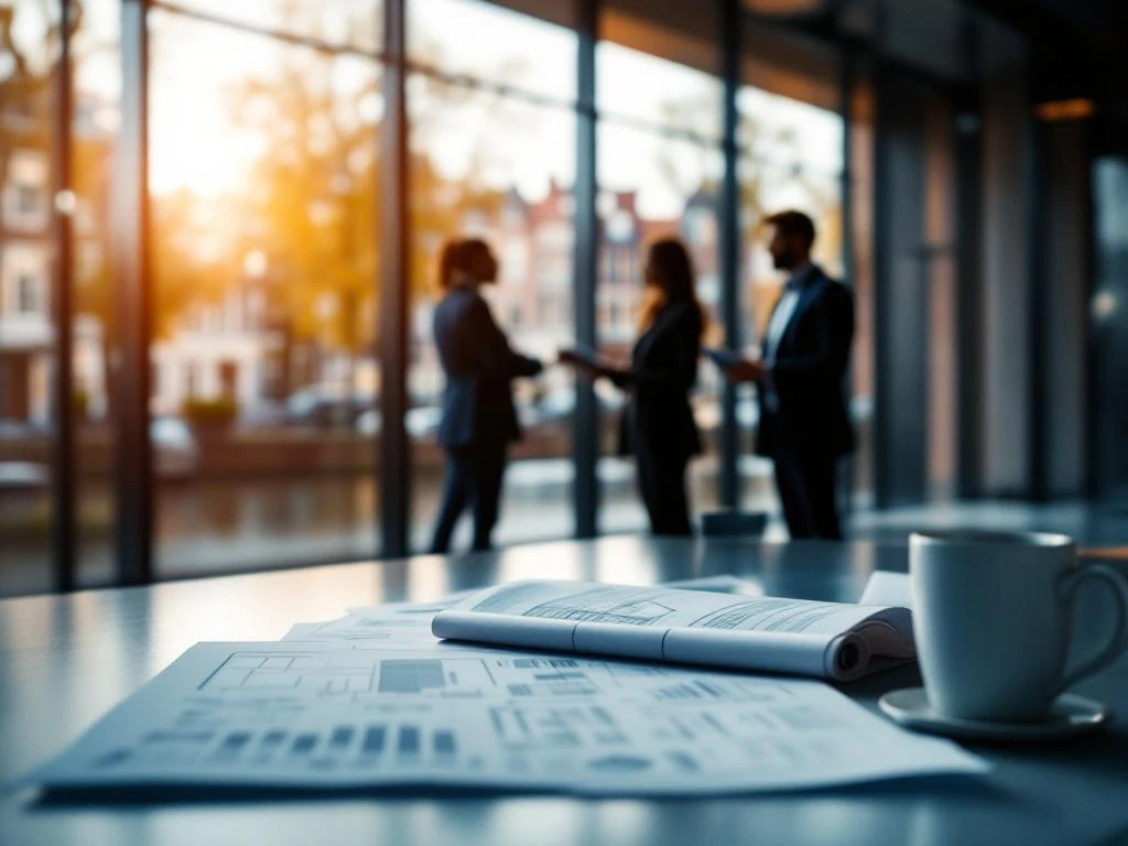 Modern Amsterdam kantoorgebouw met glazen gevel waar makelaar en hypotheekadviseur in overleg zijn, blauwdrukken op voorgrond
