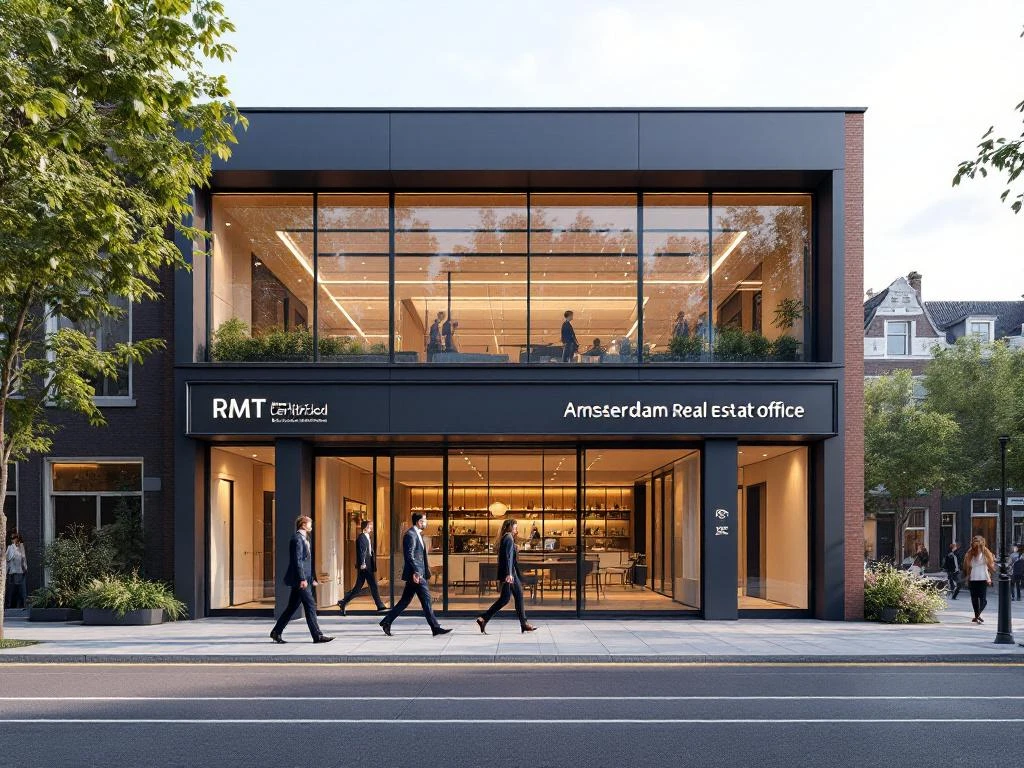 Modern Amsterdam kantoorgebouw met geometrische lijnen, bakstenen gevel en RMT certificering, zakenmensen op straat