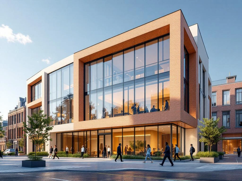 Modern Amsterdam kantoorgebouw met glazen gevels en warme bakstenen accenten, mensen bij ingang, groene beplanting