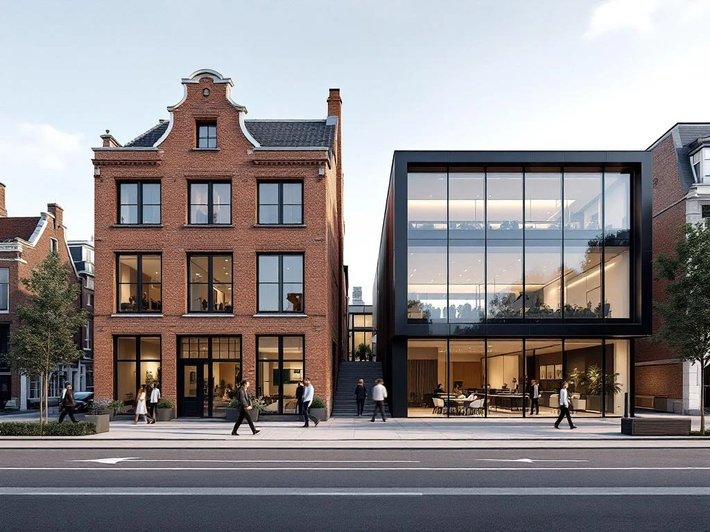 Moderne Amsterdamse kantoorgebouw met glazen gevel naast traditioneel grachtenpand, mensen wandelend voor schaal