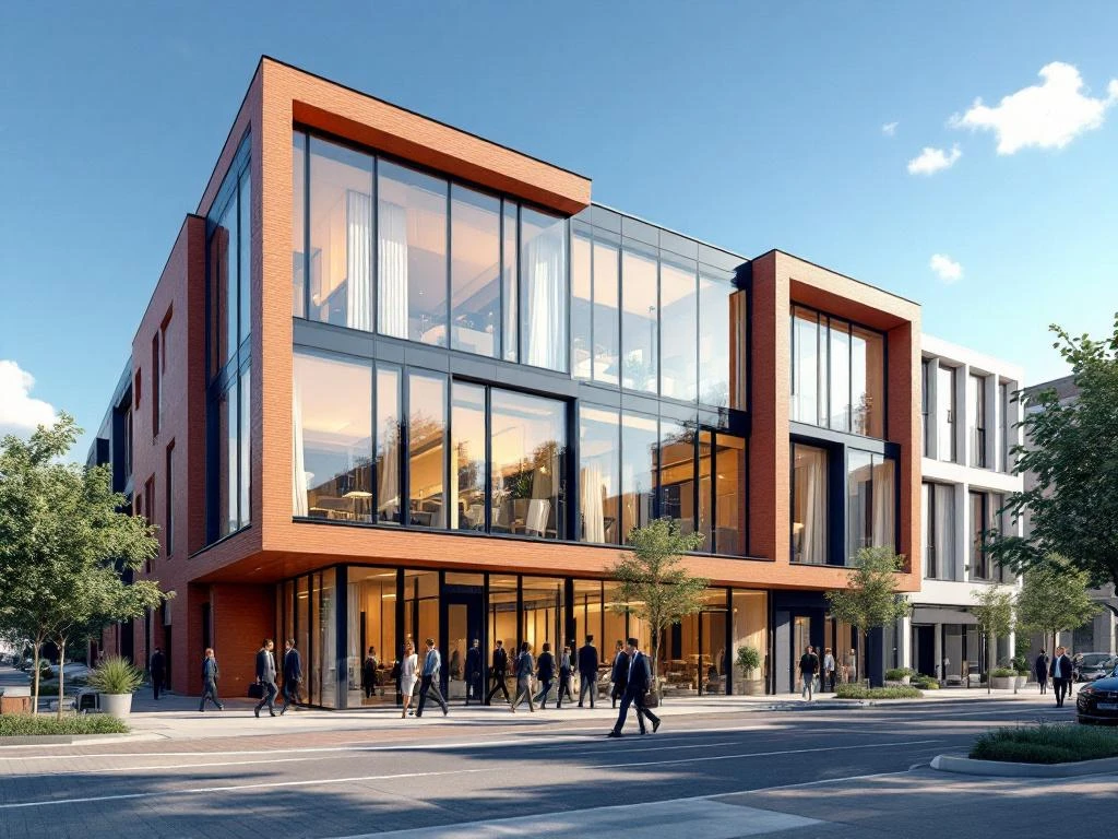 Moderne Amsterdam kantoorgebouw met glazen gevel en bakstenen accenten tussen traditionele grachtenpanden