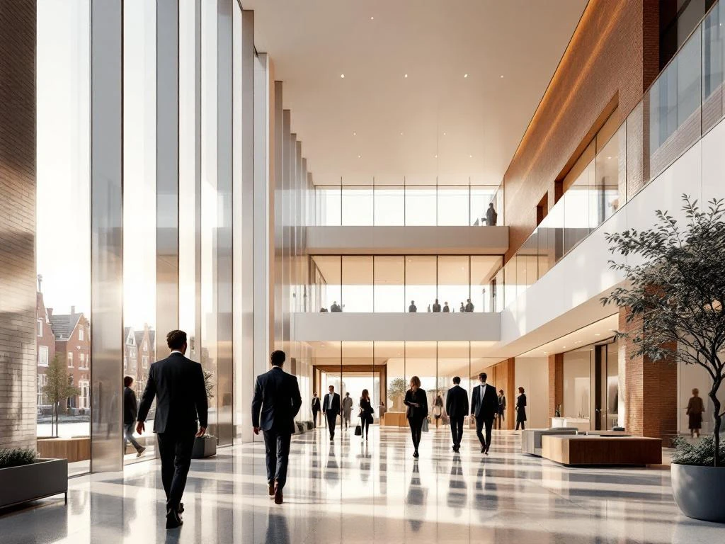 Modern Amsterdam kantoorgebouw met glazen gevel en zakenmensen in minimalistische lobby, kanaalhuizen op achtergrond