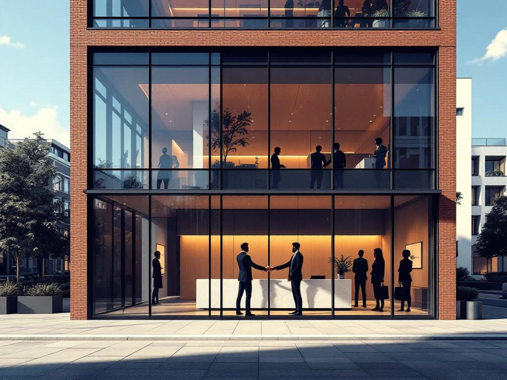 Modern kantoorgebouw Amsterdam met glazen gevel en bakstenen accenten, professionele figuren in receptieruimte