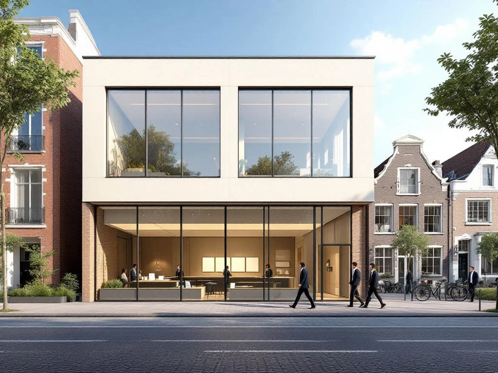 Modern Amsterdam kantoorgebouw met glazen gevel en bakstenen accenten, omringd door traditionele grachtenpanden