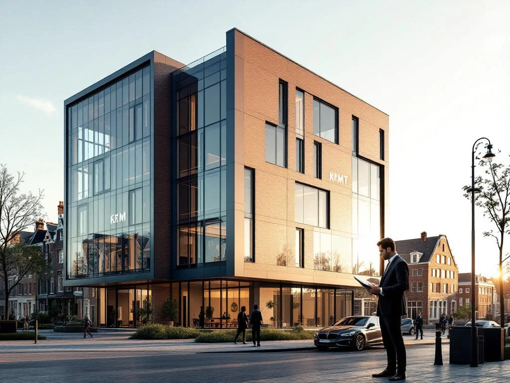 Modern Amsterdam kantoorgebouw met glazen gevel en KRMT-certificering, vastgoedprofessional bekijkt documenten op voorgrond